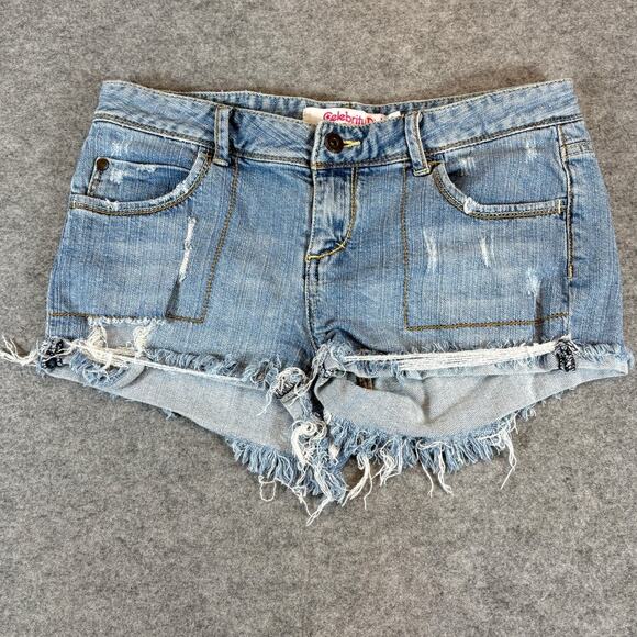 Y2K Celebrity Pink Jeans Hotpants Shorts Womens 7 Blue Denim Frayed Distress - Picture 1 of 5